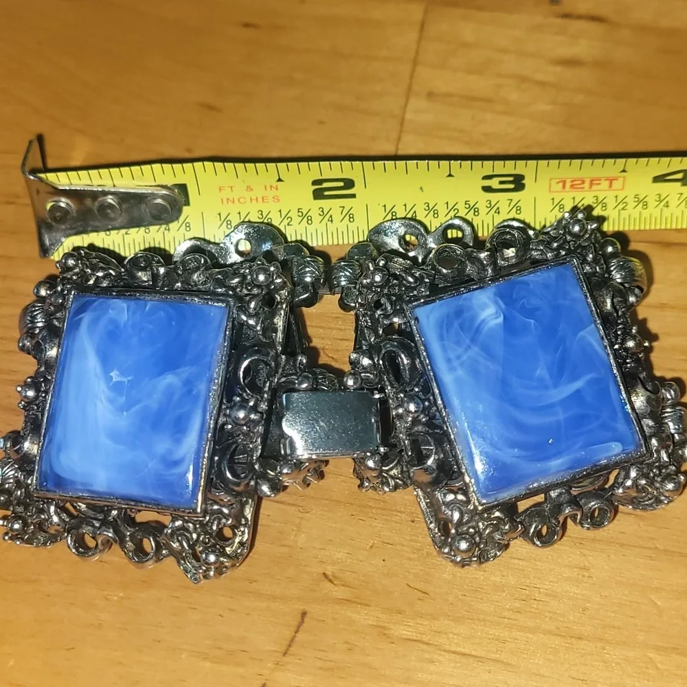 Vintage Ornate Blue Cabochon Bracelet Silver Tone Hinged Panel Statement